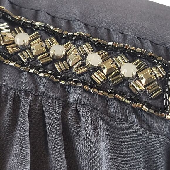 Jacklyn Smith Small Slate Blue Blouse Beaded Shoulders Button Shirred Front Glam - Picture 6 of 11